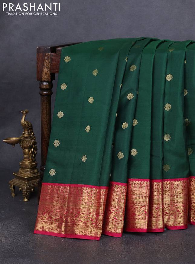 Pure kanchipuram silk saree dark green and pink with allover zari woven buttas and zari woven korvai border