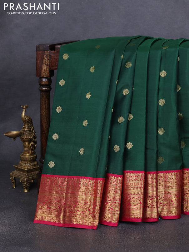 Pure kanchipuram silk saree dark green and pink with allover zari woven buttas and zari woven korvai border