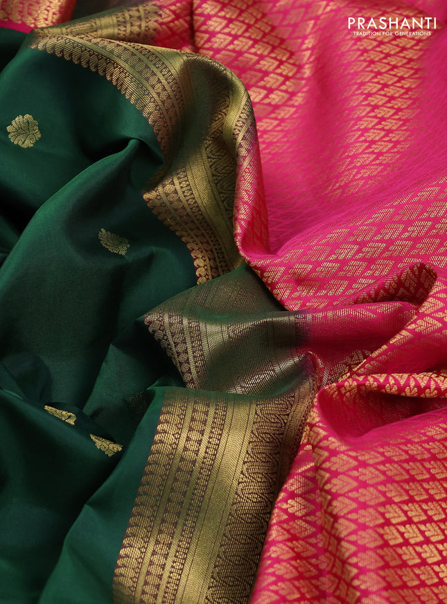 Pure kanchipuram silk saree dark green and pink with allover zari woven buttas and zari woven korvai border