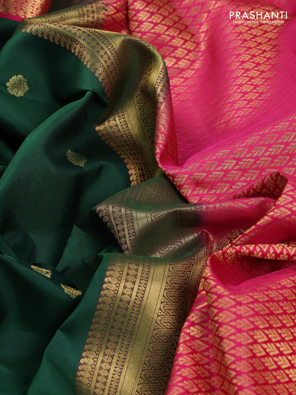 Pure kanchipuram silk saree dark green and pink with allover zari woven buttas and zari woven korvai border