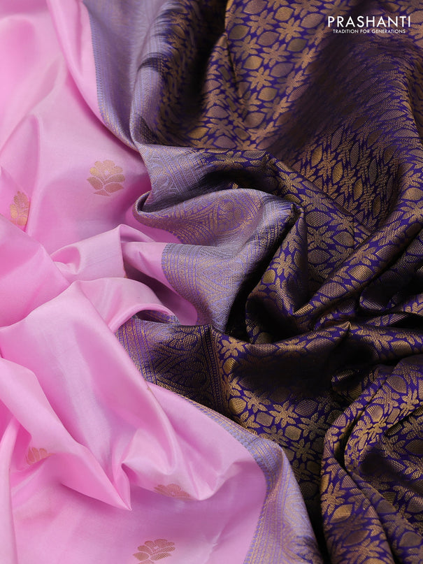 Pure kanchipuram silk saree light pink and navy blue with allover zari woven buttas and zari woven korvai border