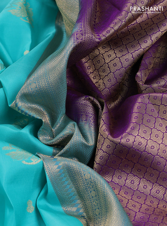 Pure kanchipuram silk saree teal blue and violet with zari woven buttas and zari woven korvai border