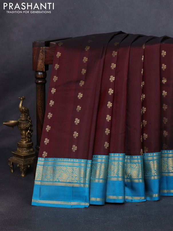 Pure kanchipuram silk saree deep maroon and blue with allover zari woven buttas and rettapet zari woven korvai border