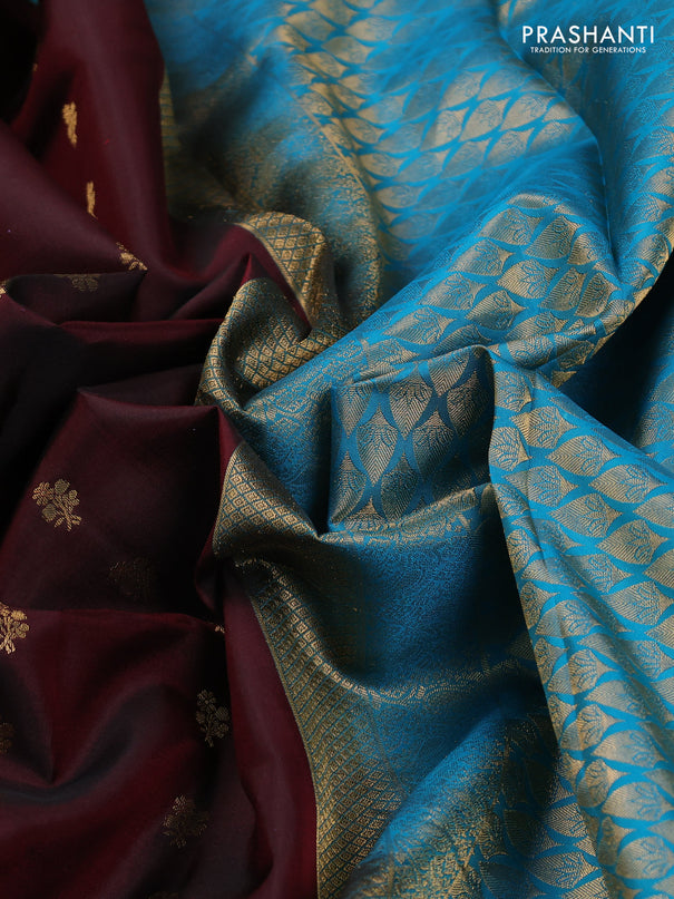 Pure kanchipuram silk saree deep maroon and blue with allover zari woven buttas and rettapet zari woven korvai border
