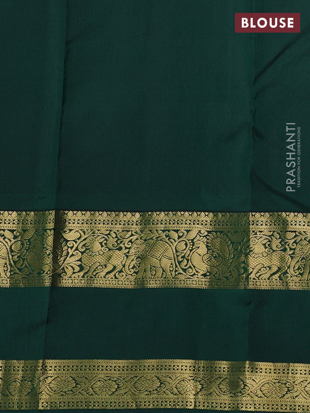 Pure kanchipuram silk saree peach shade and bottle green with zari woven buttas and long rettapet zari woven border