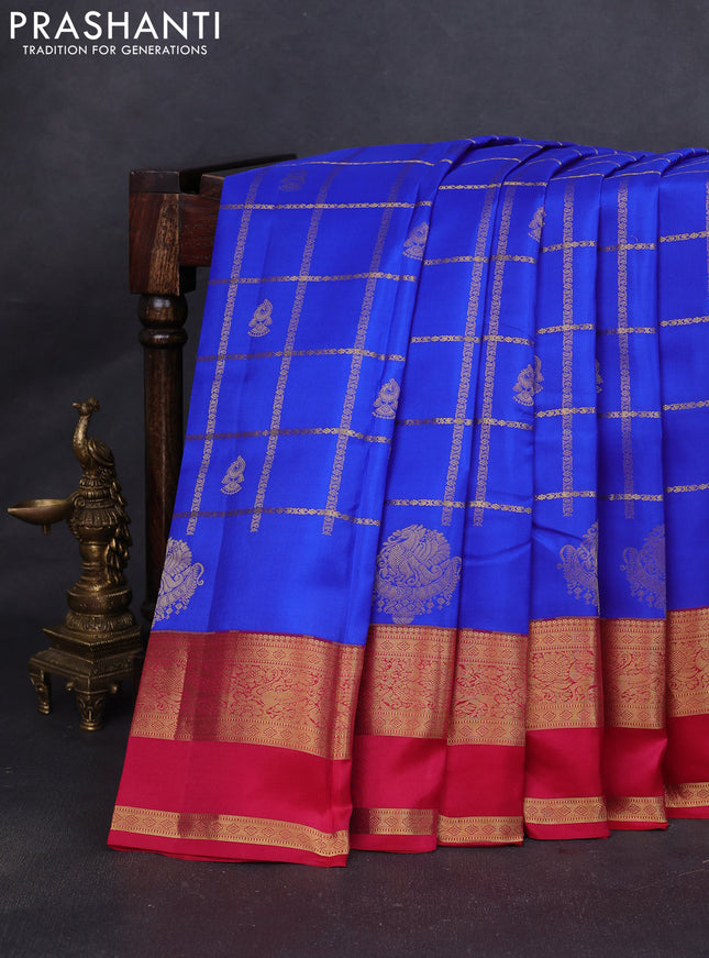Pure kanchipuram silk saree royal blue and pink with allover zari checks & buttas and rettapet zari woven korvai border