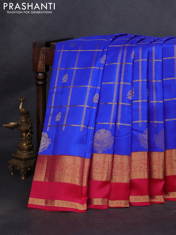 Pure kanchipuram silk saree royal blue and pink with allover zari checks & buttas and rettapet zari woven korvai border