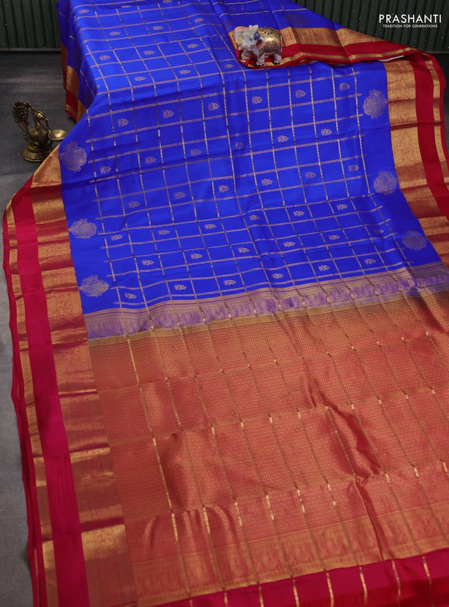 Pure kanchipuram silk saree royal blue and pink with allover zari checks & buttas and rettapet zari woven korvai border
