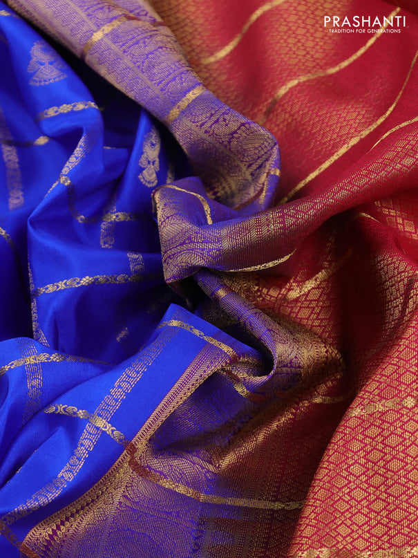 Pure kanchipuram silk saree royal blue and pink with allover zari checks & buttas and rettapet zari woven korvai border
