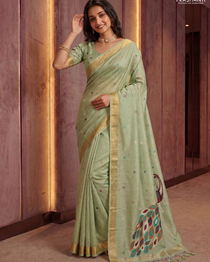 Linen cotton saree pista green with allover thread woven buttas and peacock pallu