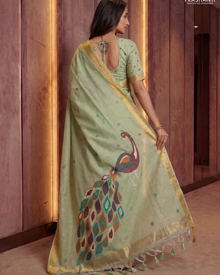 Linen cotton saree pista green with allover thread woven buttas and peacock pallu