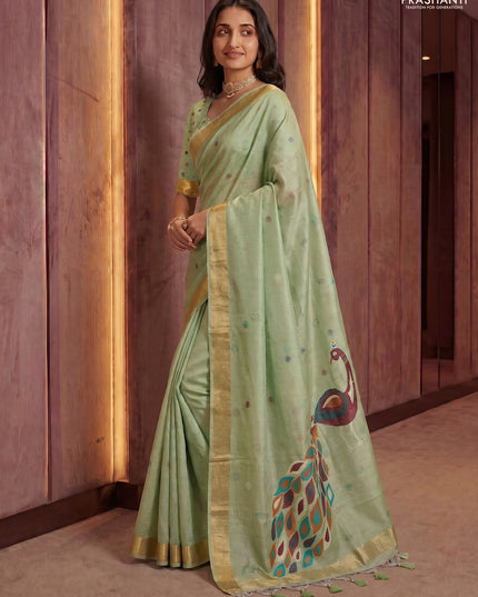 Linen cotton saree pista green with allover thread woven buttas and peacock pallu