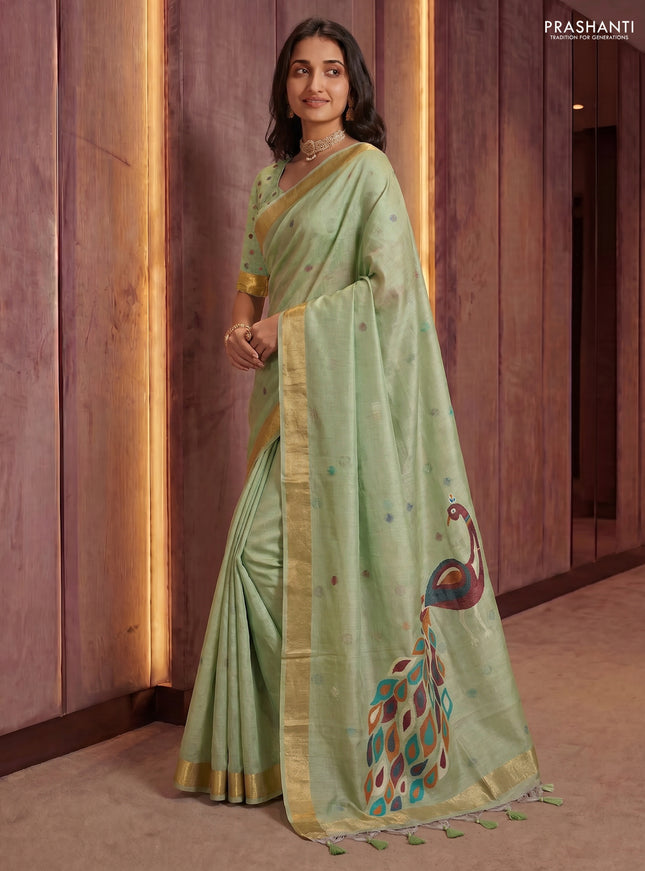 Linen cotton saree pista green with allover thread woven buttas and peacock pallu