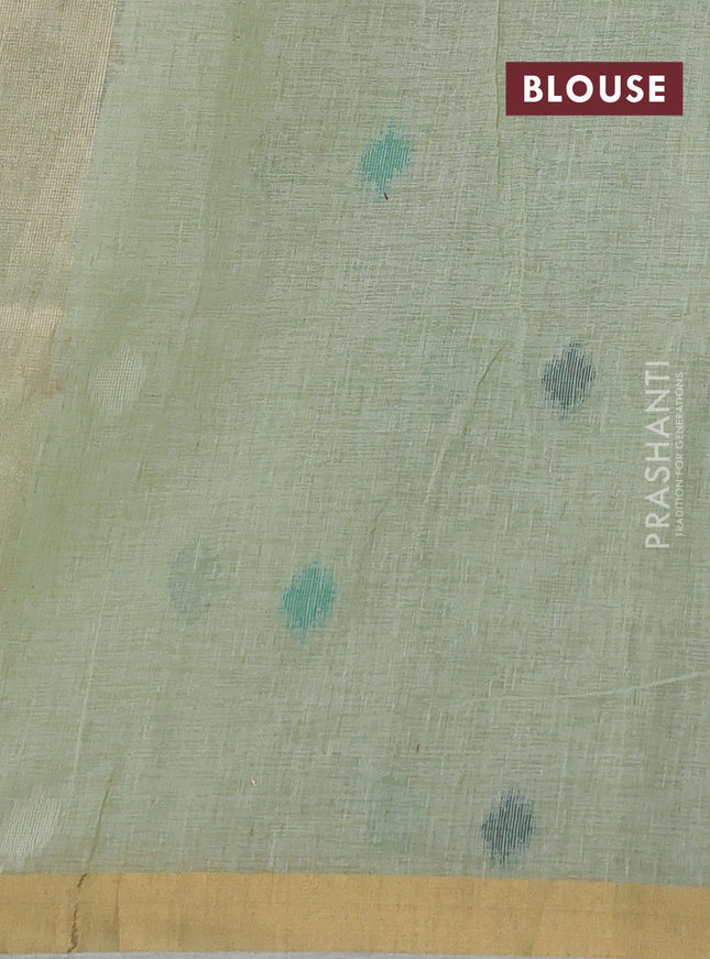 Linen cotton saree pista green with allover thread woven buttas and peacock pallu