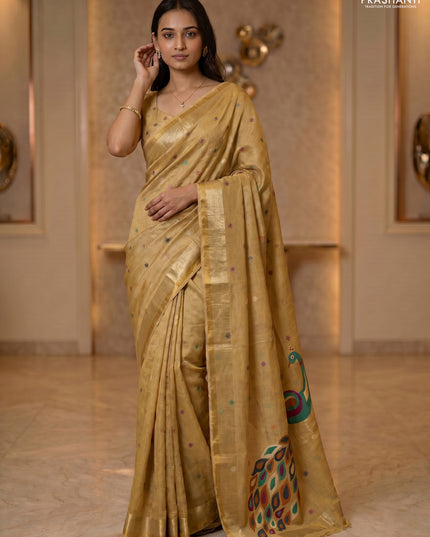 Linen cotton saree sandal with allover thread woven buttas and peacock pallu