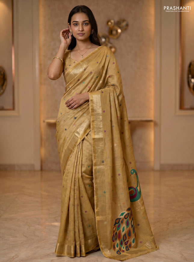 Linen cotton saree sandal with allover thread woven buttas and peacock pallu