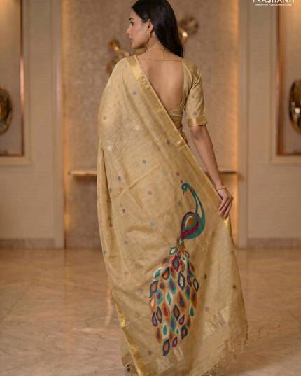 Linen cotton saree sandal with allover thread woven buttas and peacock pallu