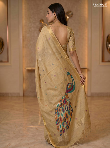 Linen cotton saree sandal with allover thread woven buttas and peacock pallu