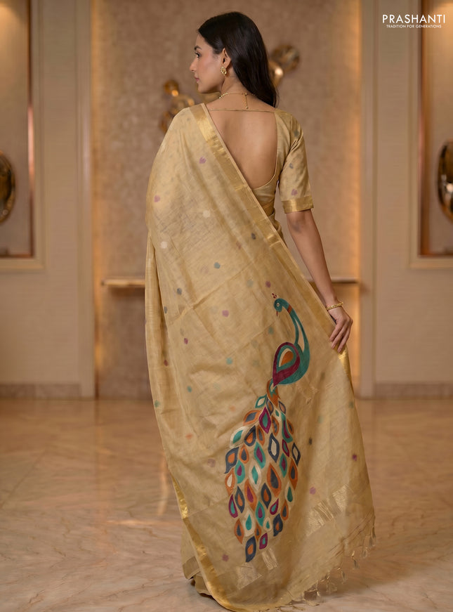 Linen cotton saree sandal with allover thread woven buttas and peacock pallu