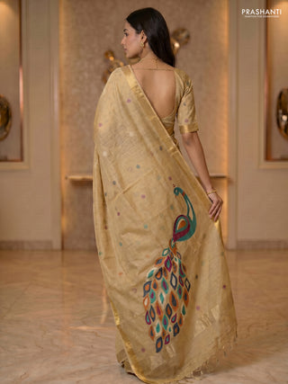 Linen cotton saree sandal with allover thread woven buttas and peacock pallu