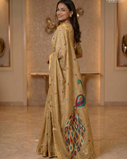 Linen cotton saree sandal with allover thread woven buttas and peacock pallu