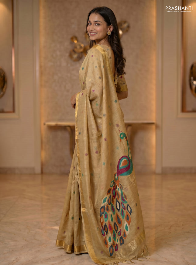 Linen cotton saree sandal with allover thread woven buttas and peacock pallu