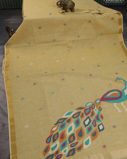 Linen cotton saree sandal with allover thread woven buttas and peacock pallu
