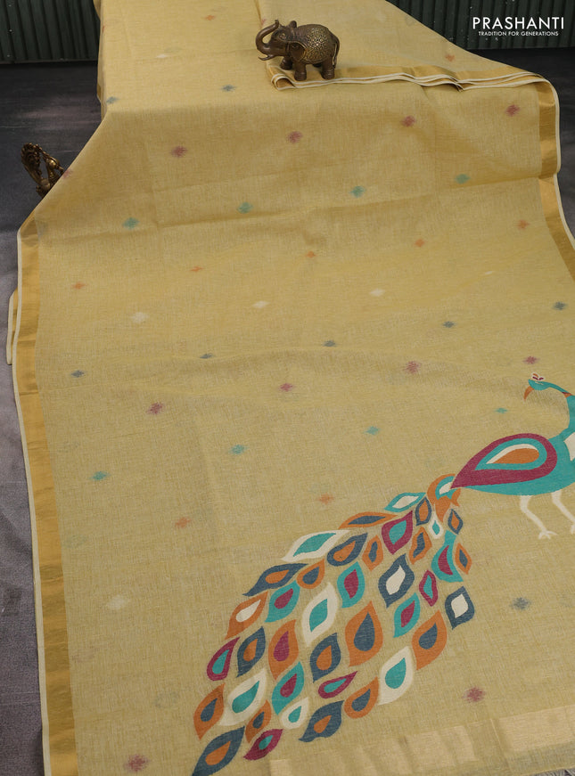 Linen cotton saree sandal with allover thread woven buttas and peacock pallu