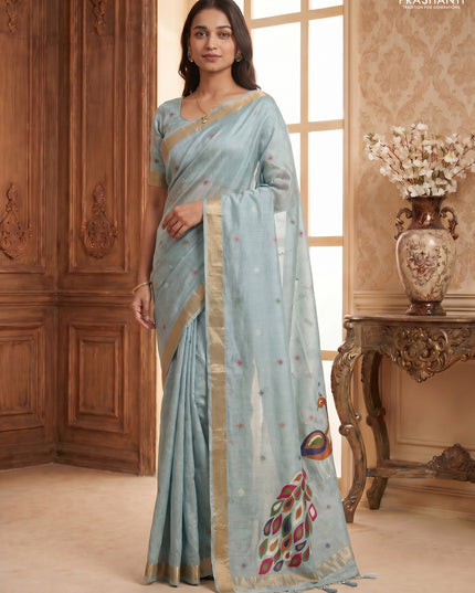 Linen cotton saree pastel blue with allover thread woven buttas and peacock pallu