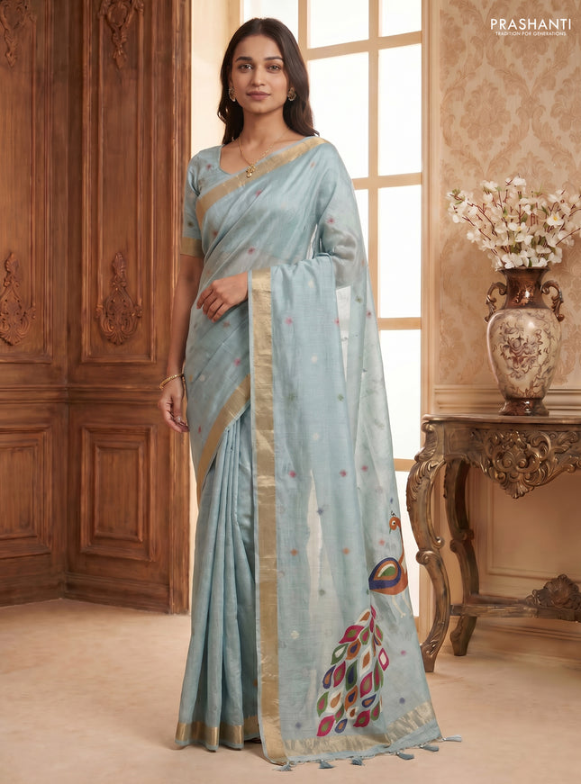 Linen cotton saree pastel blue with allover thread woven buttas and peacock pallu