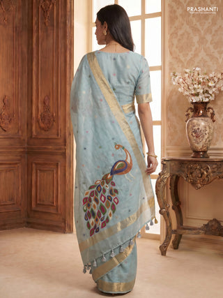 Linen cotton saree pastel blue with allover thread woven buttas and peacock pallu
