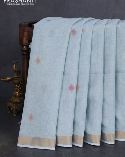 Linen cotton saree pastel blue with allover thread woven buttas and peacock pallu