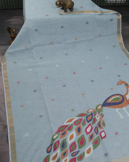 Linen cotton saree pastel blue with allover thread woven buttas and peacock pallu