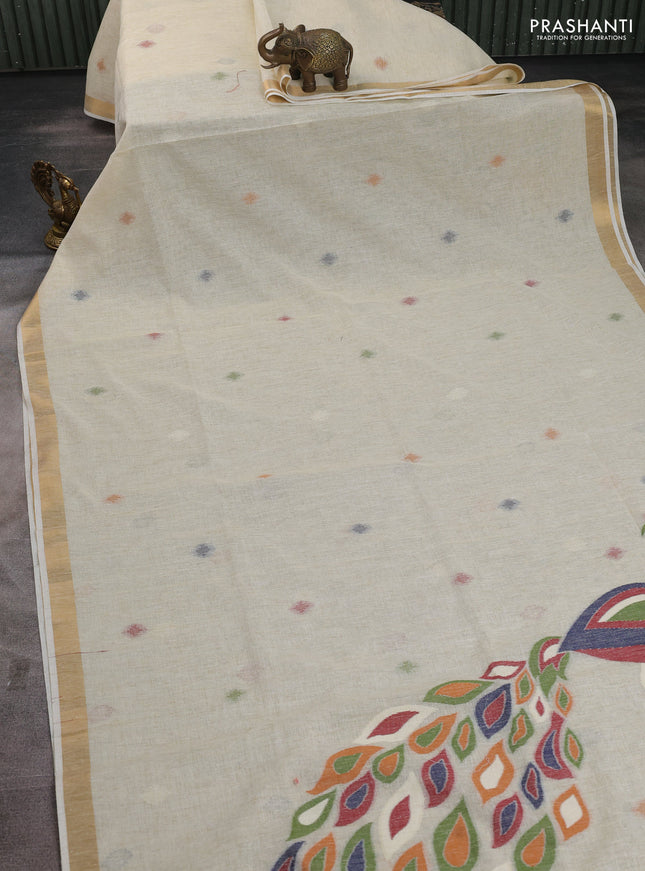 Linen cotton saree cream with allover thread woven buttas and peacock pallu
