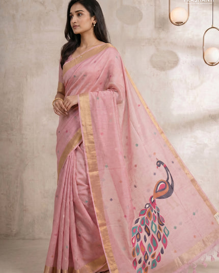 Linen cotton saree light pink with allover thread woven buttas and peacock pallu