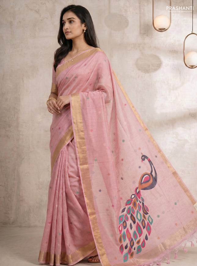 Linen cotton saree light pink with allover thread woven buttas and peacock pallu