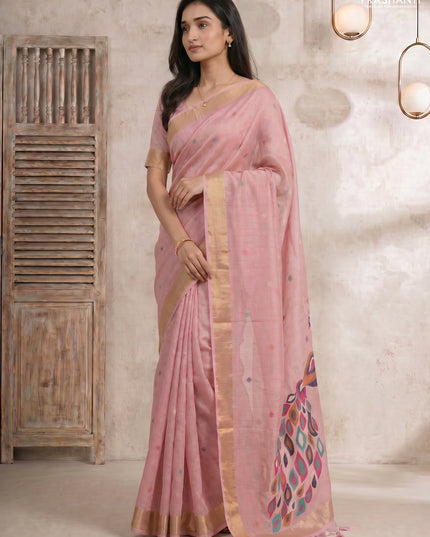 Linen cotton saree light pink with allover thread woven buttas and peacock pallu