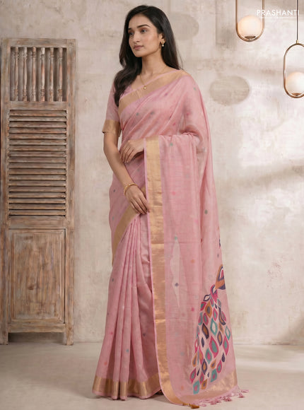 Linen cotton saree light pink with allover thread woven buttas and peacock pallu