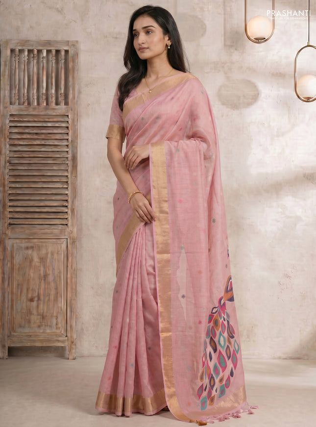Linen cotton saree light pink with allover thread woven buttas and peacock pallu