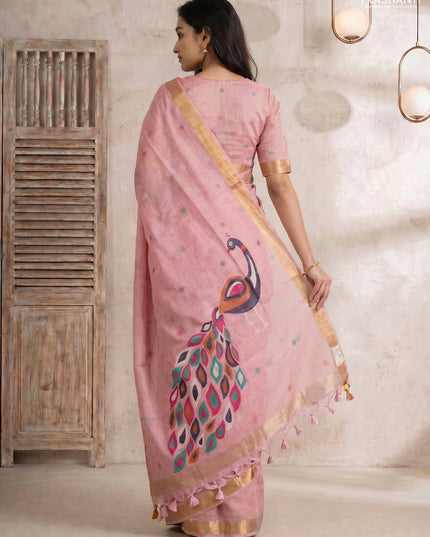 Linen cotton saree light pink with allover thread woven buttas and peacock pallu