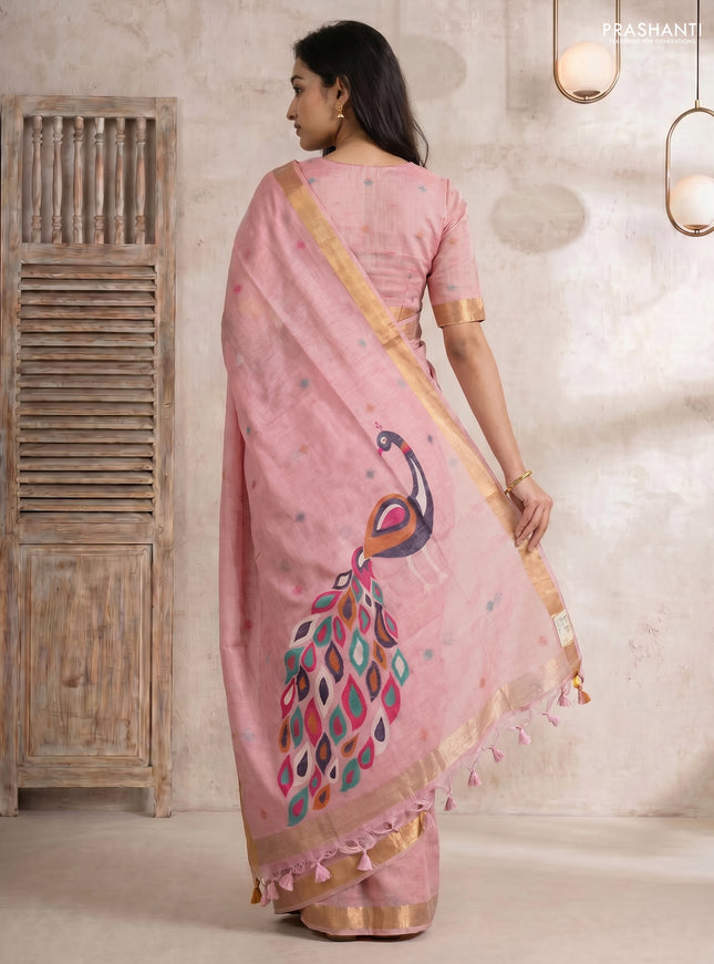 Linen cotton saree light pink with allover thread woven buttas and peacock pallu