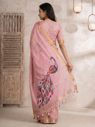 Linen cotton saree light pink with allover thread woven buttas and peacock pallu