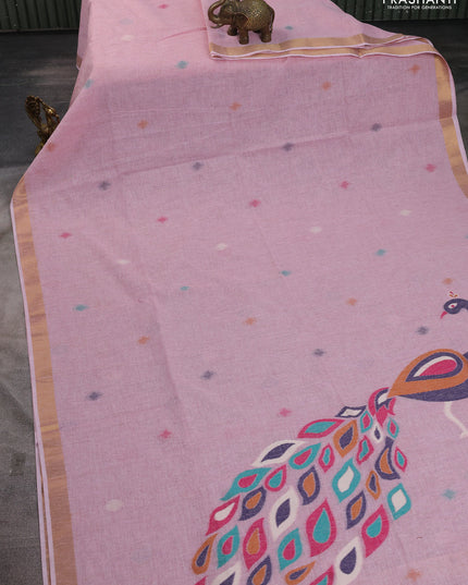 Linen cotton saree light pink with allover thread woven buttas and peacock pallu