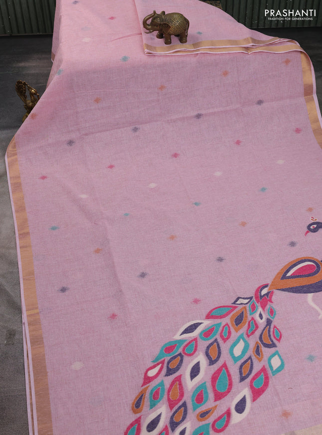 Linen cotton saree light pink with allover thread woven buttas and peacock pallu