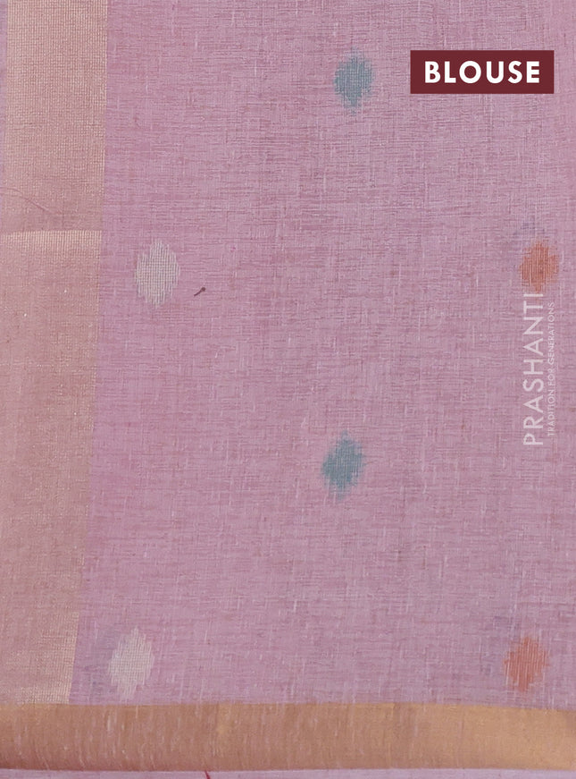Linen cotton saree light pink with allover thread woven buttas and peacock pallu