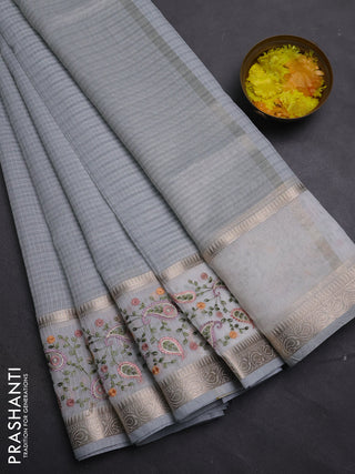 Kota saree grey and off white with plain body and embroidery work border
