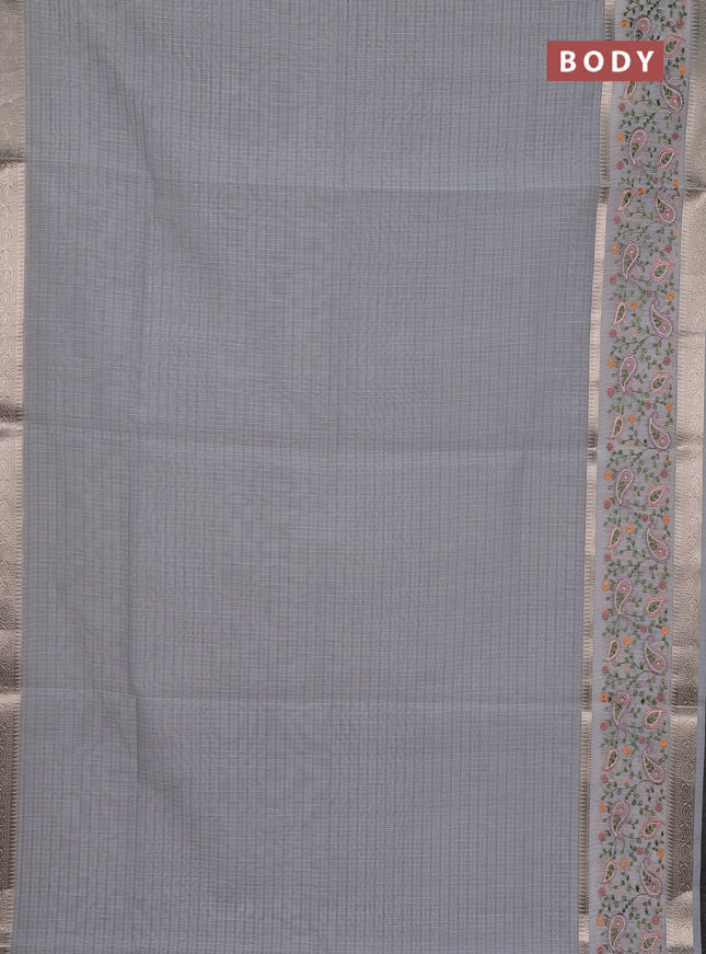 Kota saree grey and off white with plain body and embroidery work border
