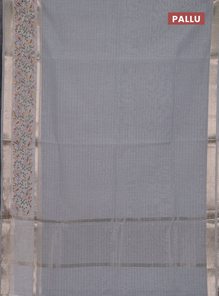 Kota saree grey and off white with plain body and embroidery work border