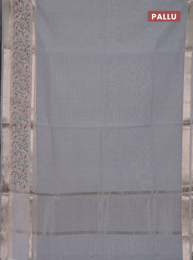 Kota saree grey and off white with plain body and embroidery work border