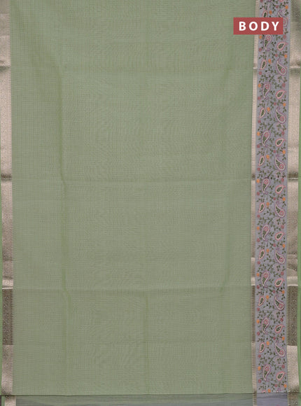 Kota saree pista green and off white with plain body and embroidery work border